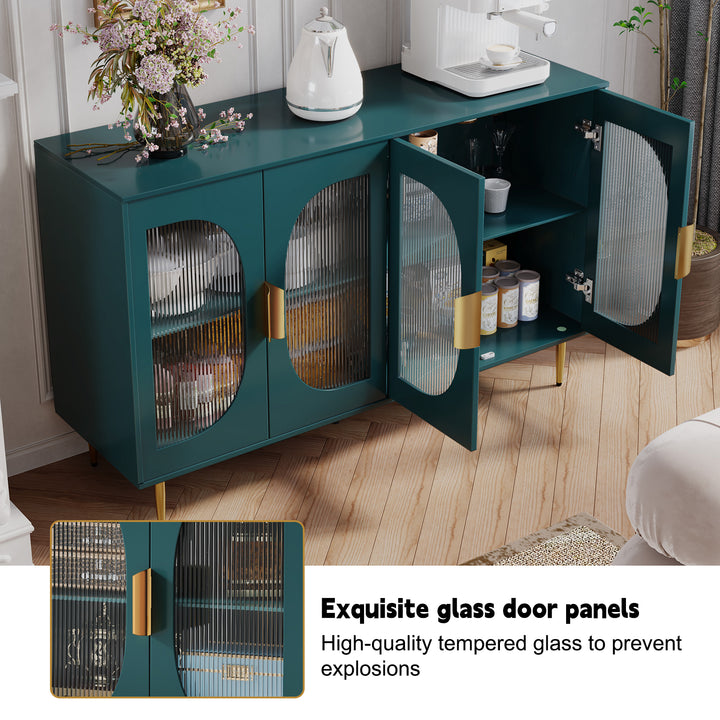 HLR® Wood Accent Sideboard Buffet with 4-Glass Door Storage – Stylish Organizer for Dining, Kitchen, Living Room & Hallway