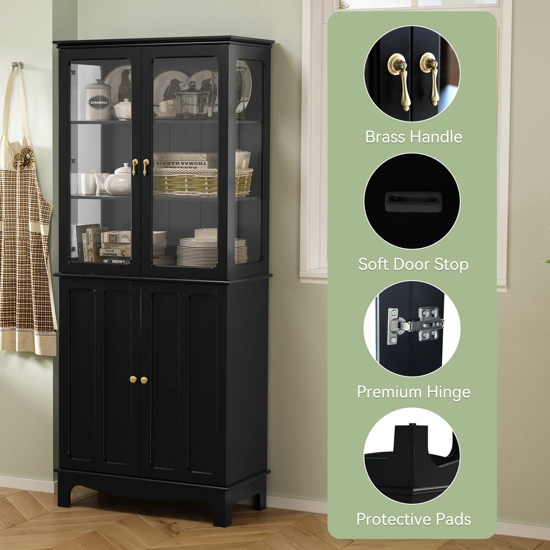 HLR® 72" Classical Freestanding Pantry Sideboard with Glass Doors – Adjustable Shelves Tall Storage Cabinet for Kitchen, Dining & Living Room