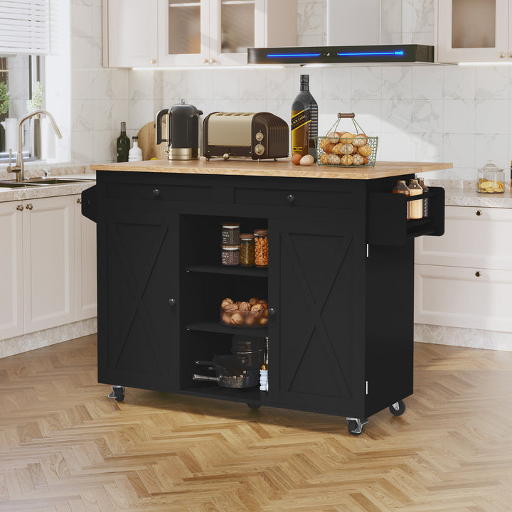 HLR® Rolling Kitchen Island with Drop-Leaf Countertop & Barn Door Design – Mobile Cart with Storage Cabinet & Tower Rack for Kitchen