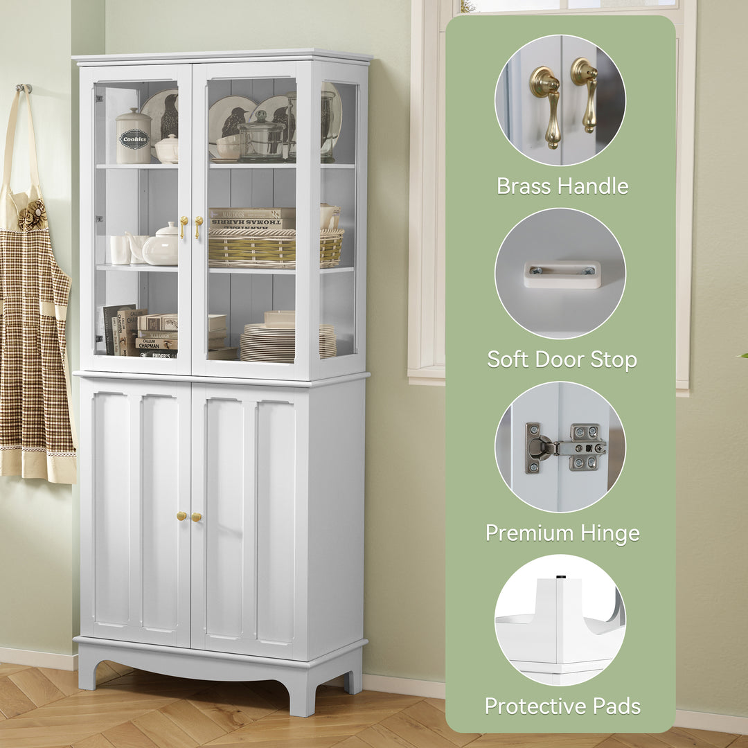 HLR® 72" Classical Freestanding Pantry Sideboard with Glass Doors – Adjustable Shelves Tall Storage Cabinet for Kitchen, Dining & Living Room