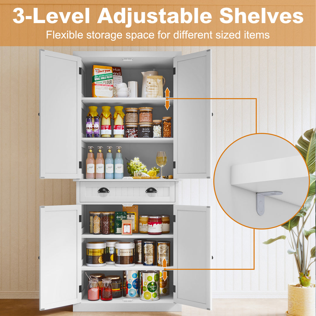 HLR® Classic White Freestanding Pantry Cabinet with Adjustable Shelves & Drawer – Versatile Storage for Kitchen, Bathroom & Hallway