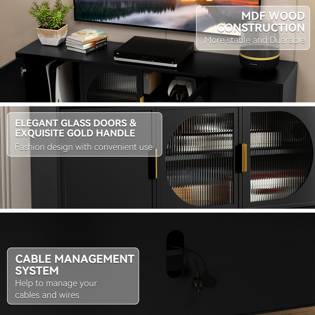 HLR® Modern TV Stand for TVs Up to 70" with Glass-Door Console & Gold Legs – Wooden Entertainment Center for Living & Bedroom