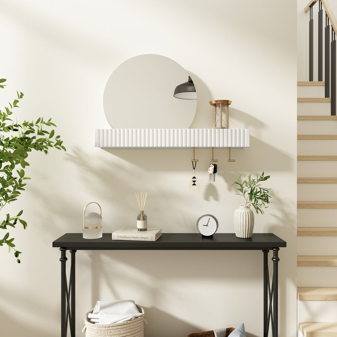 HLR® Round Wall Mirror with Shelf & Hooks – Functional Decor for Bathroom, Entryway, Bedroom & Living Room