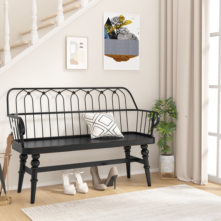 HLR® Mid-Century Modern Entryway Bench – Metal Frame with Solid Wood Legs | Industrial Hallway Seating with Retro Charm
