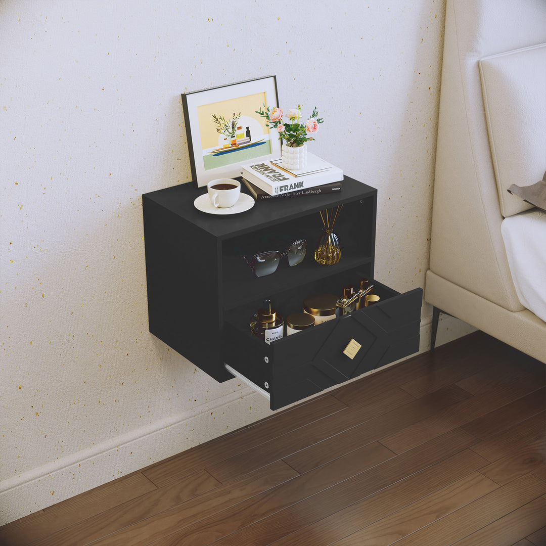 HLR® Modern Floating Nightstand Set of 2 with Drawer & Embossed Design – Wall-Mounted Bedside Tables with Storage for Bedroom