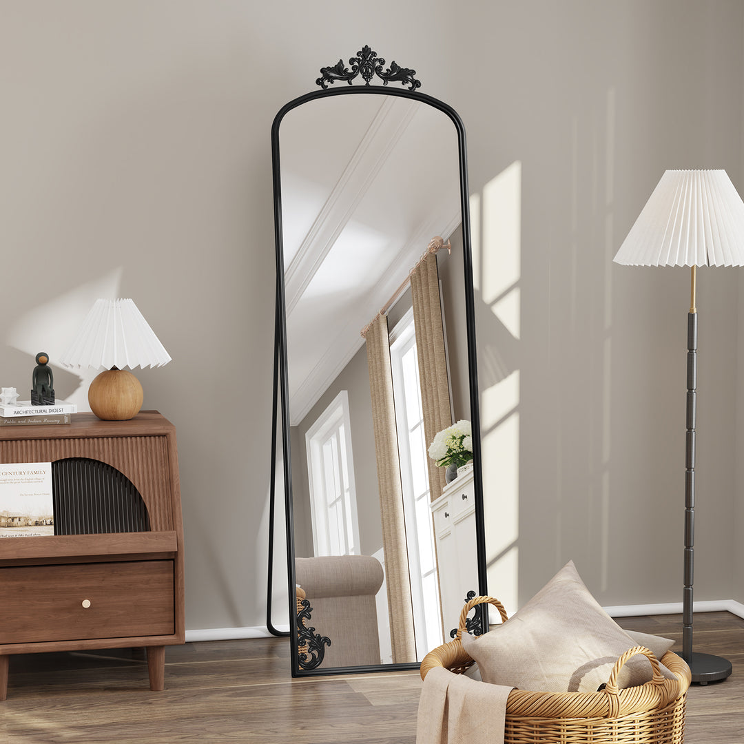 HLR® Arched Full Length Floor Mirror with Carved Metal Frame – 65" Tall – Stylish Home Decor for Bedroom, Dressing Room & Entryway
