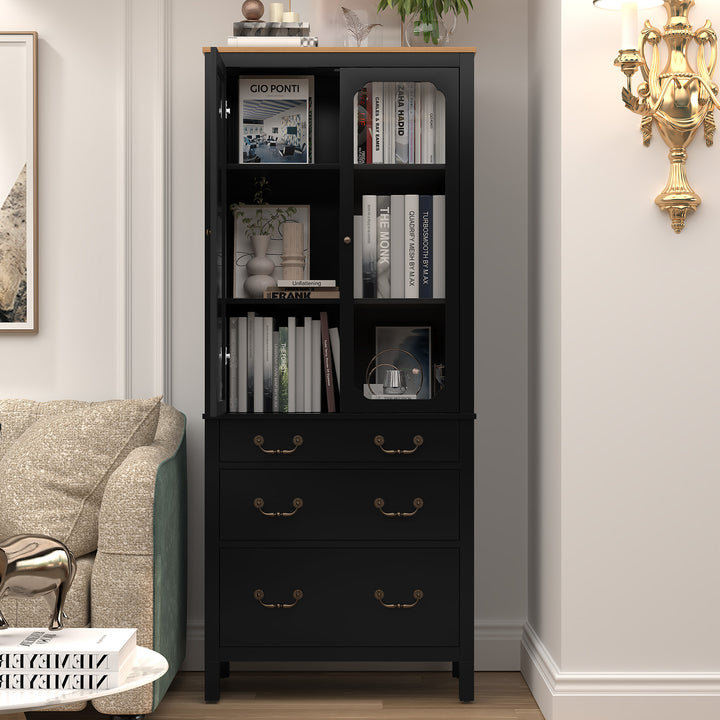 HLR® White Freestanding Tall Pantry Cabinet – Tempered Glass Doors & Adjustable Shelves – Storage for Kitchen & Dining Rooms