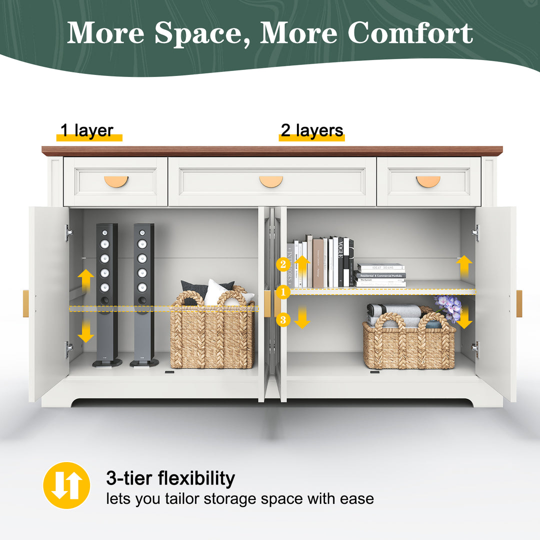 HLR® 59" Modern Large Sideboard Buffet Cabinet with 3 Drawers & 4 Doors – Organize Kitchen Clutter & Maximize Space, Green/White