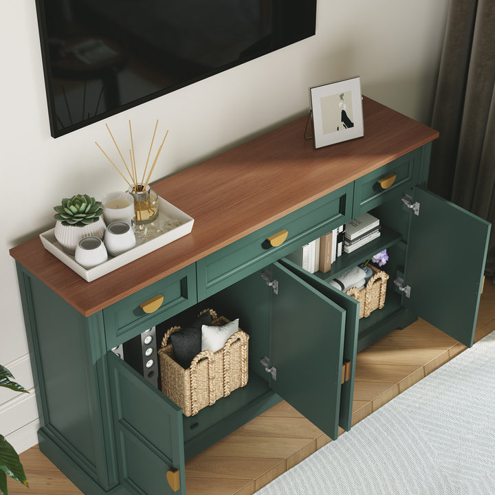 HLR® 59" Modern Large Sideboard Buffet Cabinet with 3 Drawers & 4 Doors – Organize Kitchen Clutter & Maximize Space, Green/White