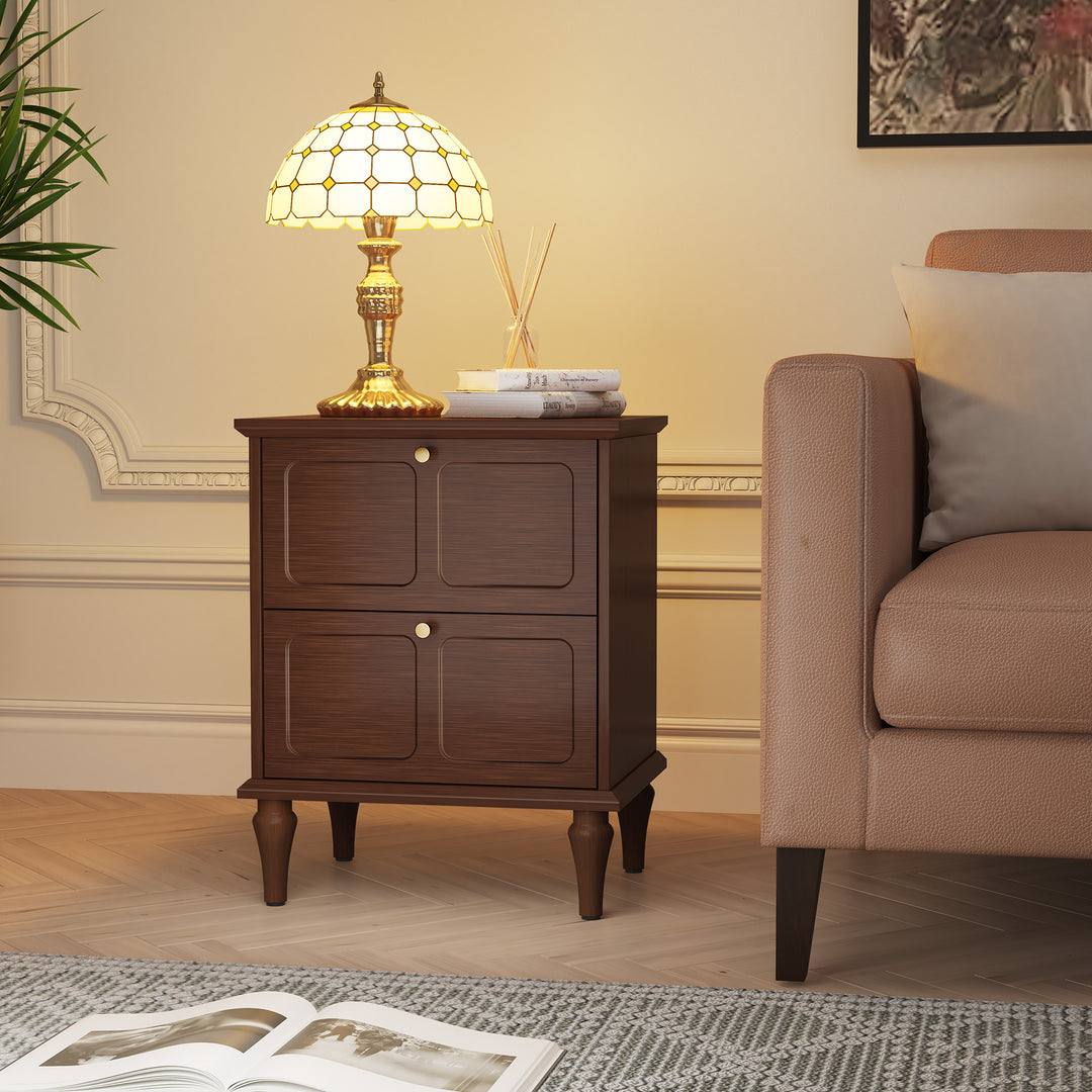 HLR® Mid-Century Modern Brown Nightstand – 2-Drawer Solid Wood End Table with Storage for Bedroom (Tapered Legs)