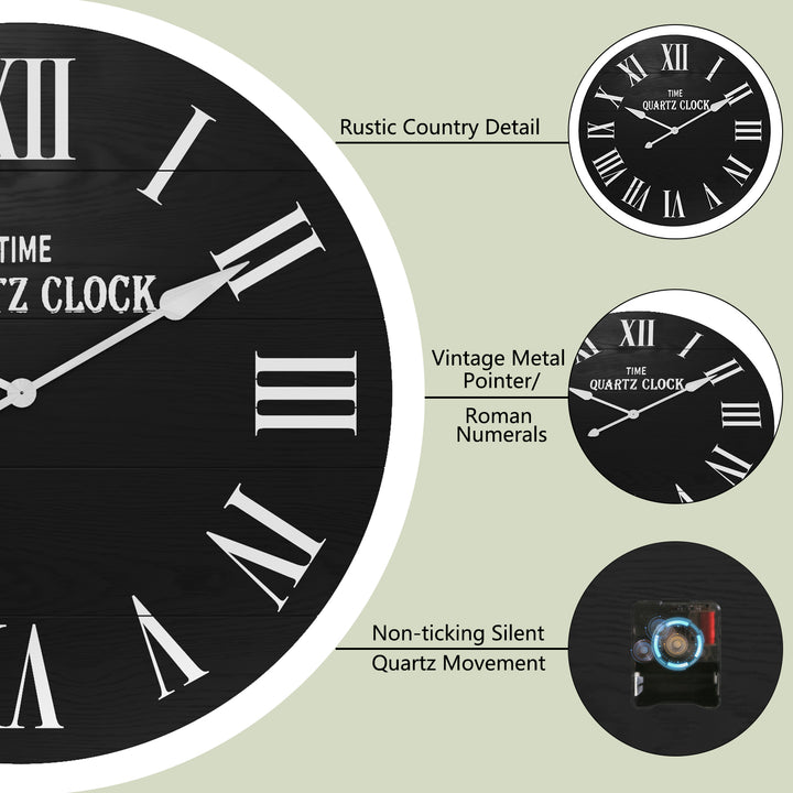 HLR® 35.5" Oversized Farmhouse Shiplap Wall Clock – Roman Numerals, Quiet Non-Ticking Decor for Living Room, Bedroom & More