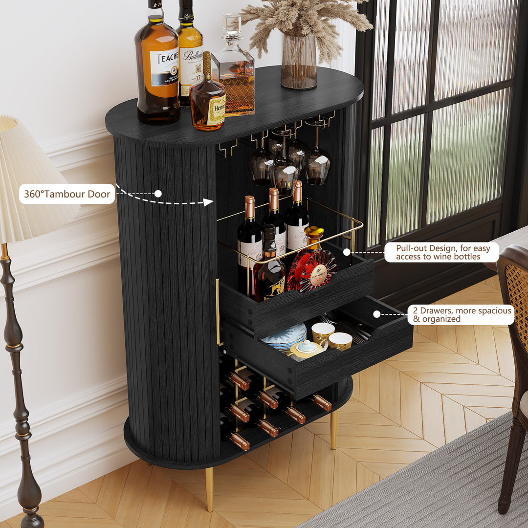 HLR® Modern Tambour Door Coffee Bar Cabinet with Wine Rack, Glass Holder & Spacious Storage for Living Room & Dining Area