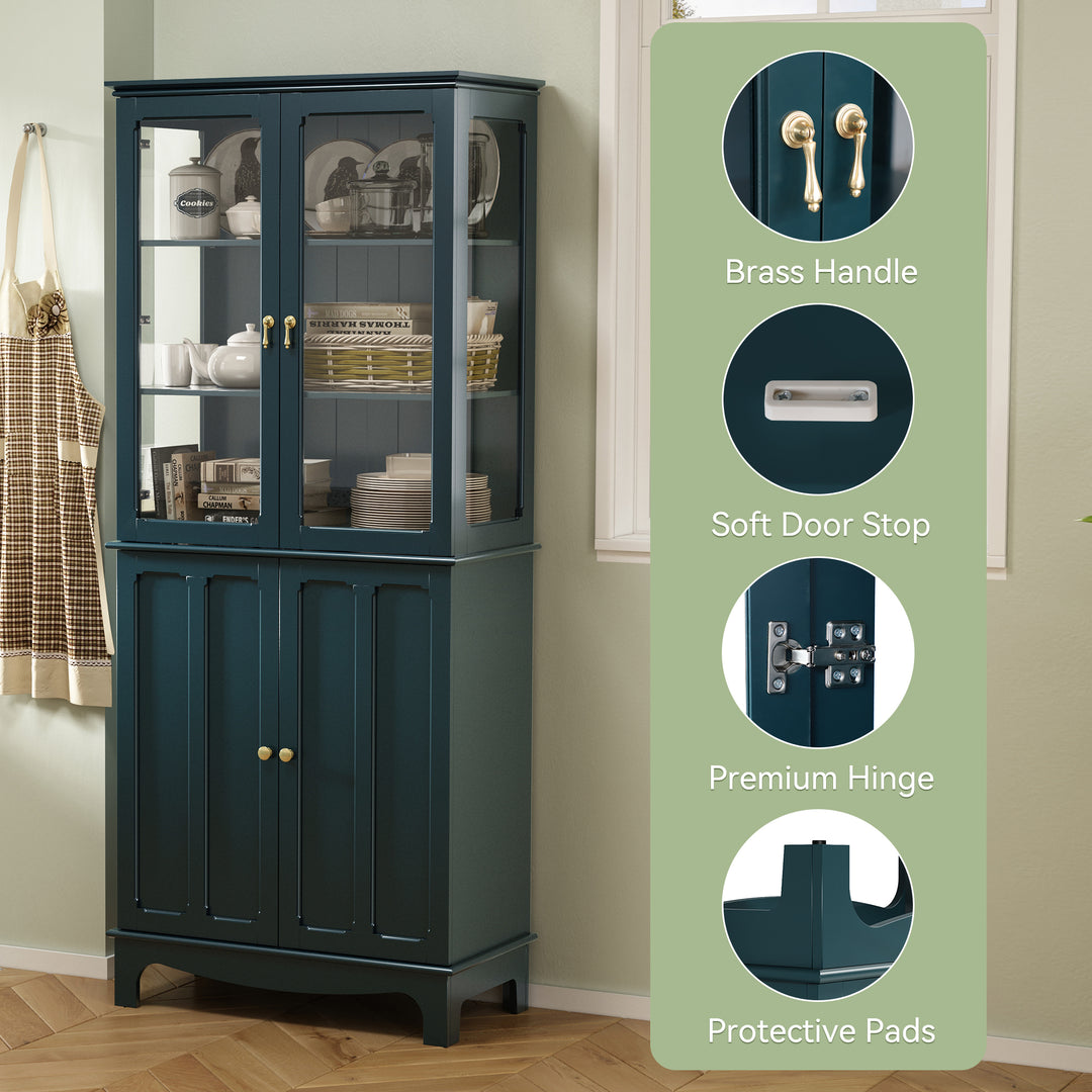HLR® 72" Classical Freestanding Pantry Sideboard with Glass Doors – Adjustable Shelves Tall Storage Cabinet for Kitchen, Dining & Living Room