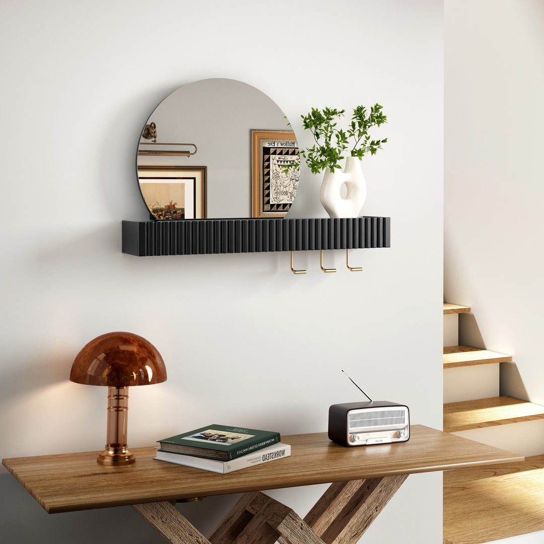 HLR® Round Wall Mirror with Shelf & Hooks – Functional Decor for Bathroom, Entryway, Bedroom & Living Room