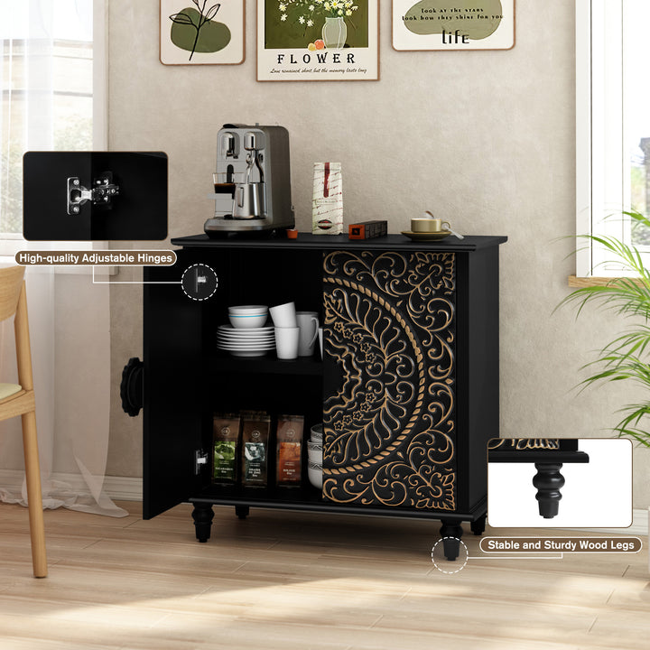 HLR® Wood Credenza Sideboard – 2-Door Storage & Carved Flower Design – Decorative Organizer for Living, Dining & Entryway