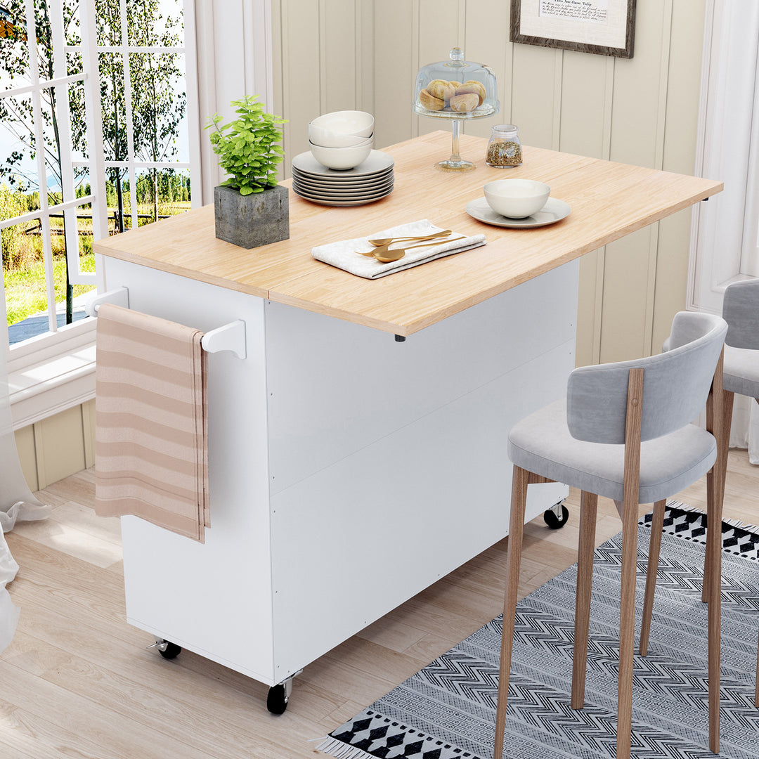 HLR® 50.4" Multifunctional Wooden Kitchen Island – 3 Doors, 2 Drawers, Spice Rack & Storage (Prep & Organization Cart)