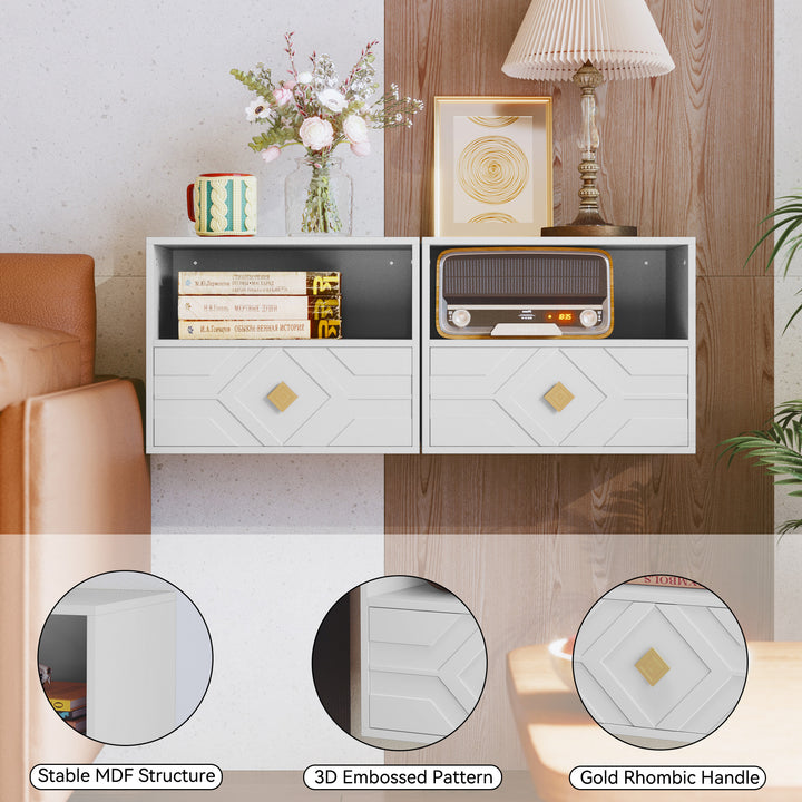 HLR® Modern Floating Nightstand Set of 2 with Drawer & Embossed Design – Wall-Mounted Bedside Tables with Storage for Bedroom