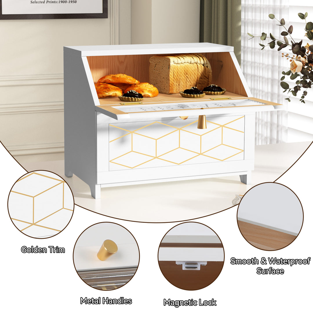 HLR® Double Layer Wooden Bread Box with Golden Trim – Space-Saving Corner Design – Countertop Kitchen Storage