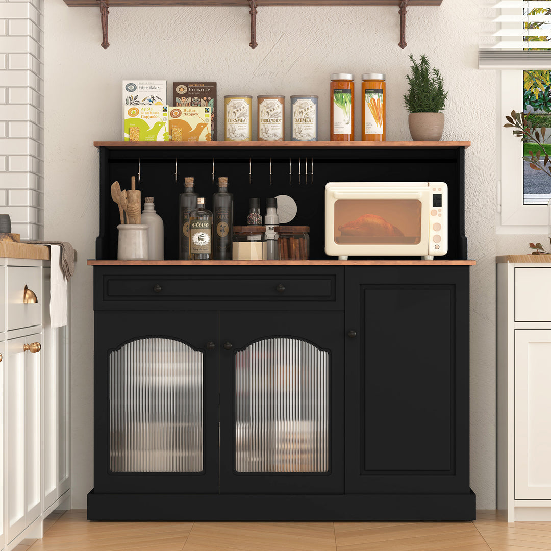 HLR® 48" Farmhouse-Style Kitchen Pantry with Glass Doors & Drawer – Wood Coffee Bar Cabinet with Microwave Hutch for Living & Dining Rooms