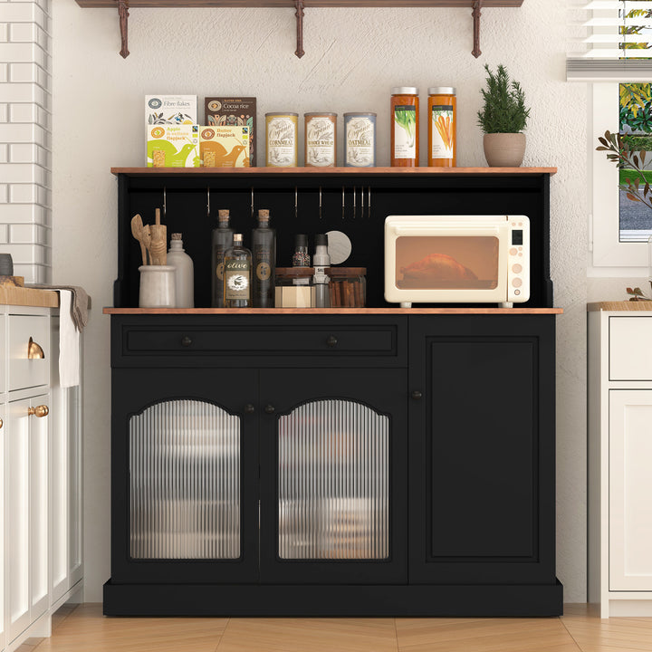 HLR® 48" Farmhouse-Style Kitchen Pantry with Glass Doors & Drawer – Wood Coffee Bar Cabinet with Microwave Hutch for Living & Dining Rooms