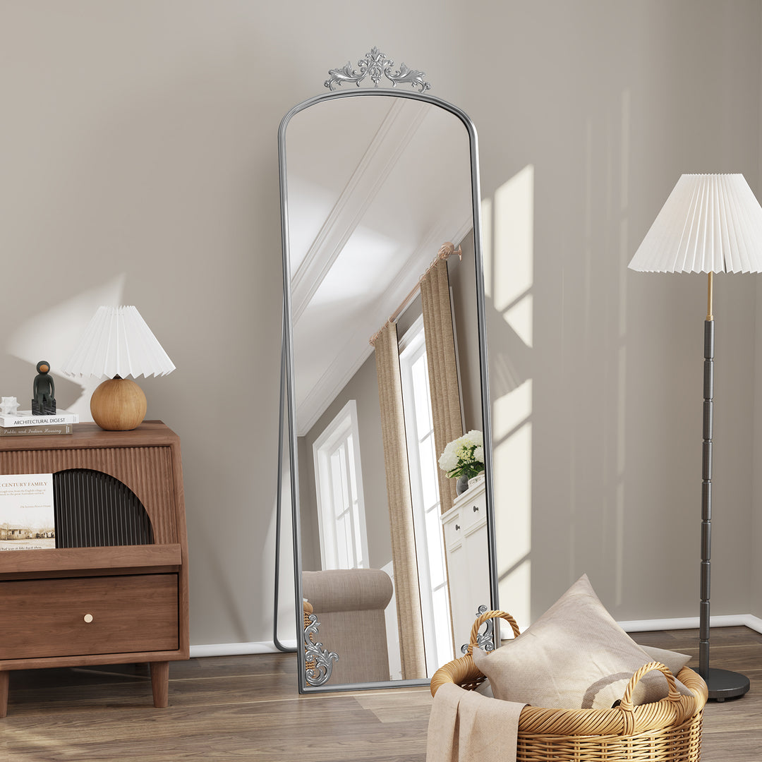 HLR® Arched Full Length Floor Mirror with Carved Metal Frame – 65" Tall – Stylish Home Decor for Bedroom, Dressing Room & Entryway