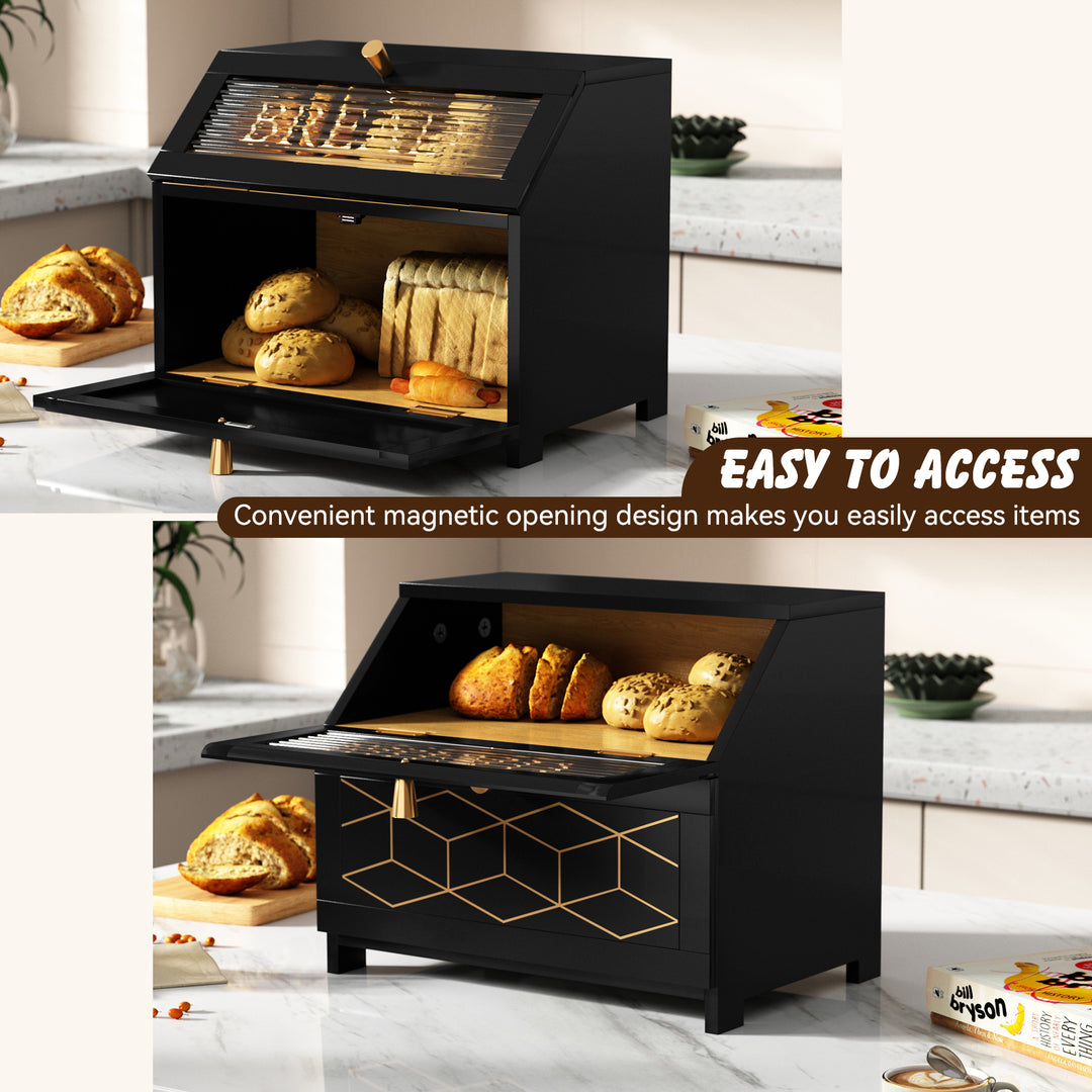 HLR® Double Layer Wooden Bread Box with Golden Trim – Space-Saving Corner Design – Countertop Kitchen Storage