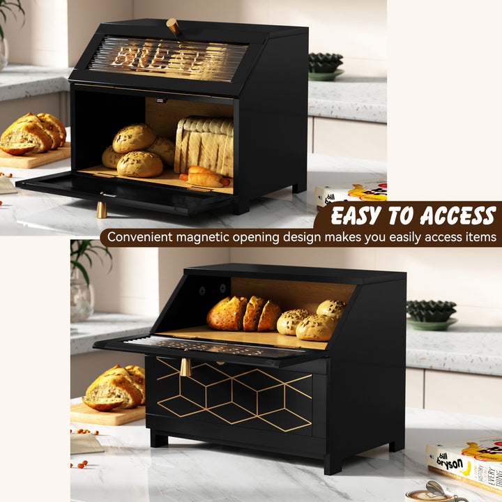 HLR® Double Layer Wooden Bread Box with Golden Trim – Space-Saving Corner Design – Countertop Kitchen Storage