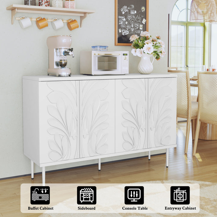 HLR® 47.24''W Modern Credenza Sideboard – 4-Door 3D Floral Design Storage Cabinet for Dining & Kitchen
