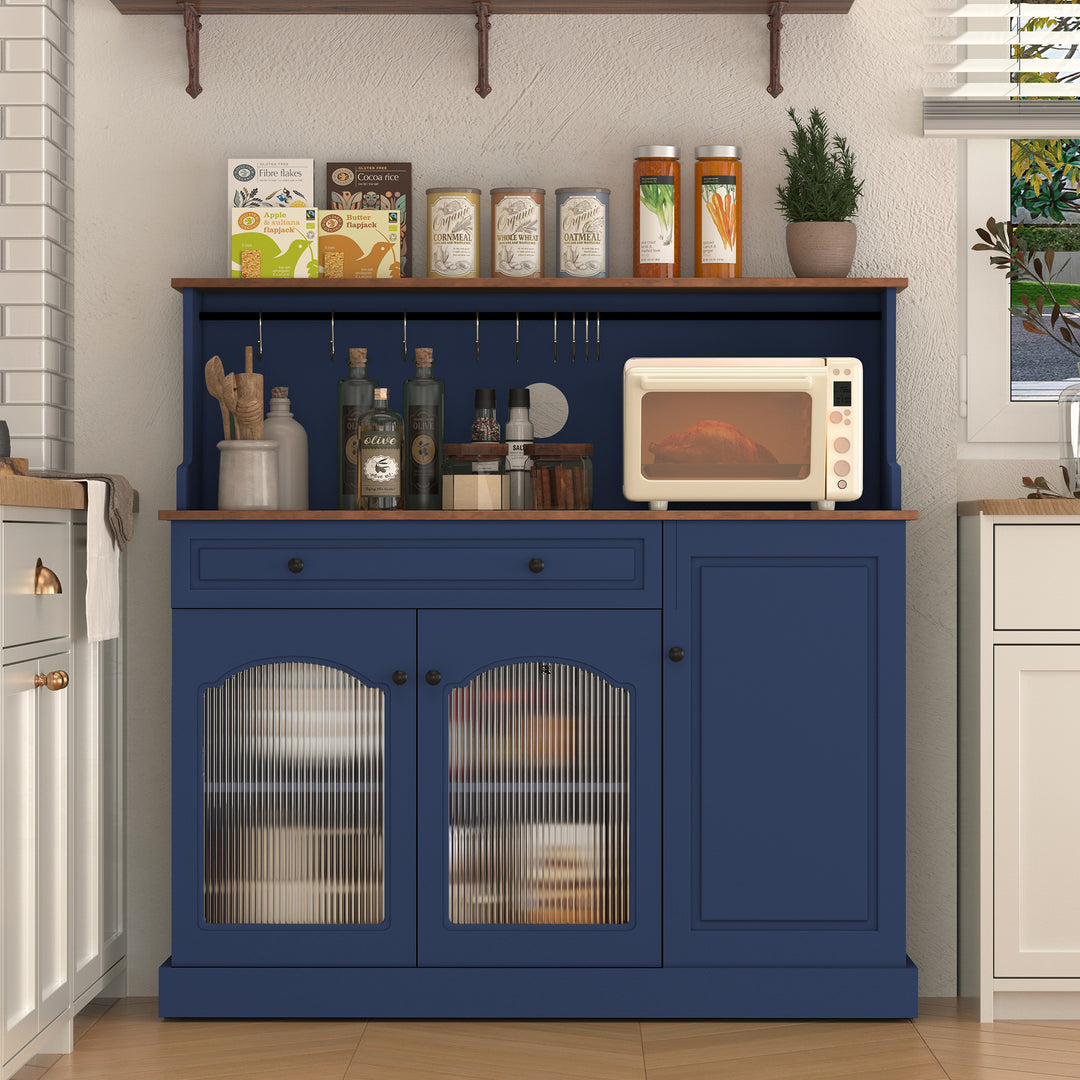 HLR® 48" Farmhouse-Style Kitchen Pantry with Glass Doors & Drawer – Wood Coffee Bar Cabinet with Microwave Hutch for Living & Dining Rooms