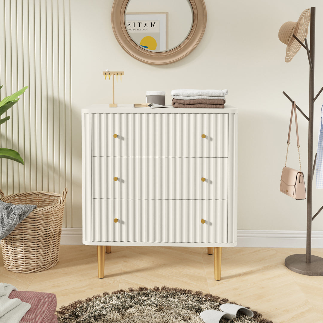 HLR® White Modern Tall Wood Dresser 3-Drawer Storage Cabinet with Fluted Texture – Stylish Organizer for Bedroom, Closet, Living Room & Hallway