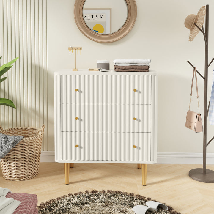 HLR® White Modern Tall Wood Dresser 3-Drawer Storage Cabinet with Fluted Texture – Stylish Organizer for Bedroom, Closet, Living Room & Hallway