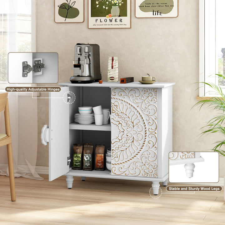 HLR® Wood Credenza Sideboard – 2-Door Storage & Hand-Carved Floral Design – Decorative Organizer for Entryway, Living & Dining