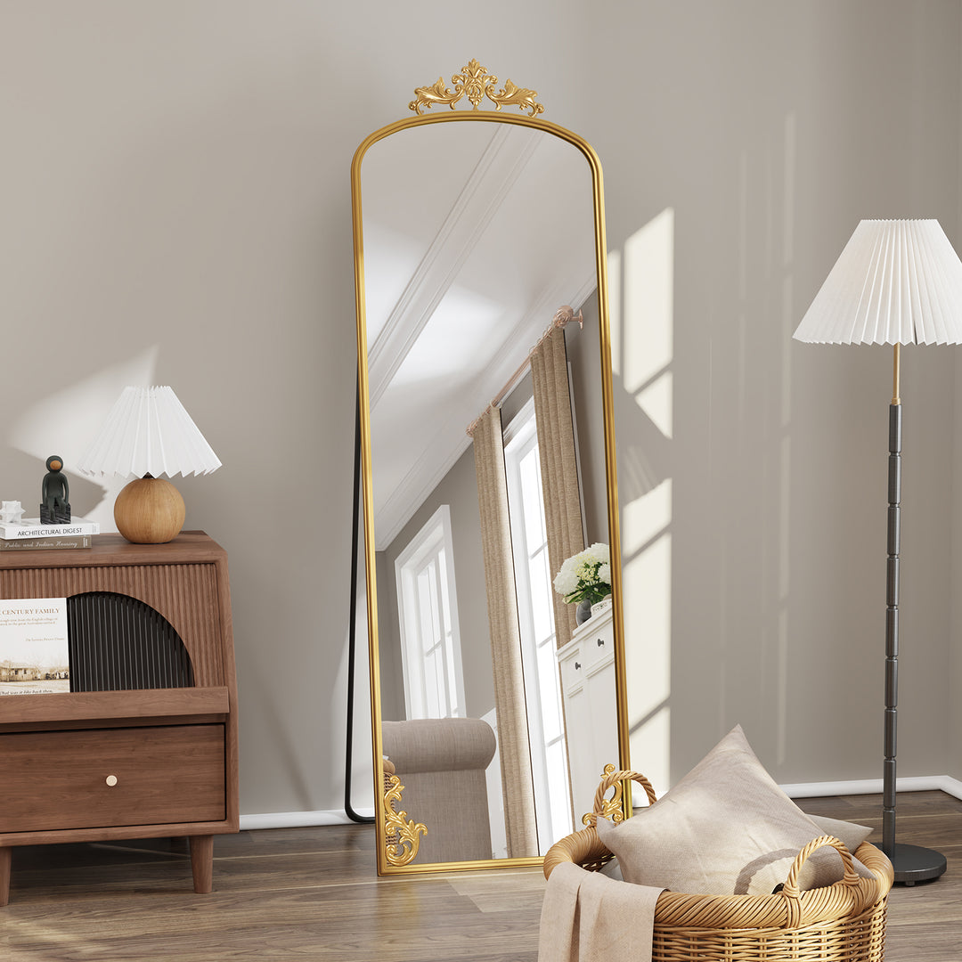 HLR® Arched Full Length Floor Mirror with Carved Metal Frame – 65" Tall – Stylish Home Decor for Bedroom, Dressing Room & Entryway
