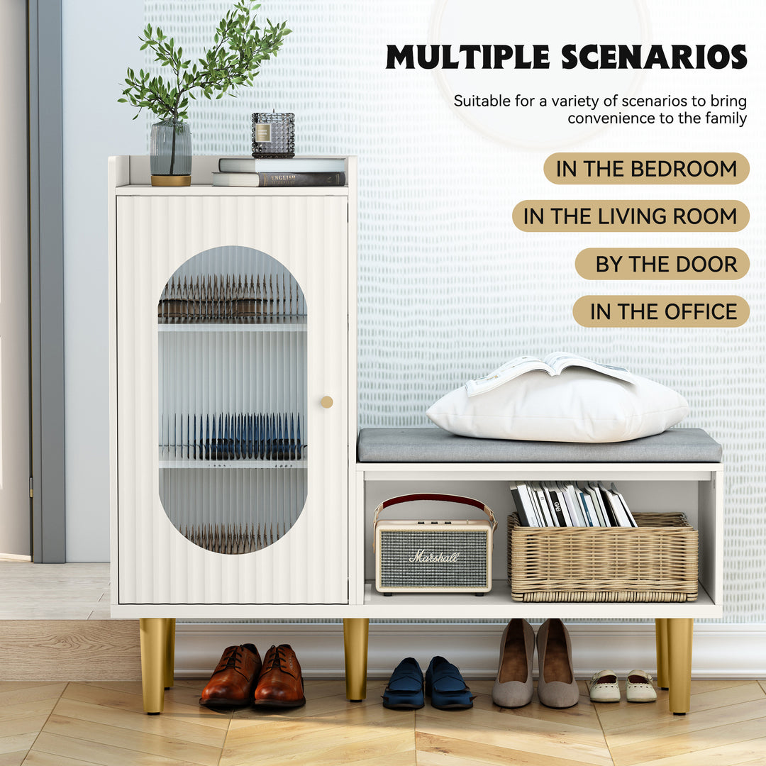 HLR® Modern Shoe Cabinet Bench – Glass Door, Shelf & Padded Seat – Multifunctional Storage for Entryway & Hallway