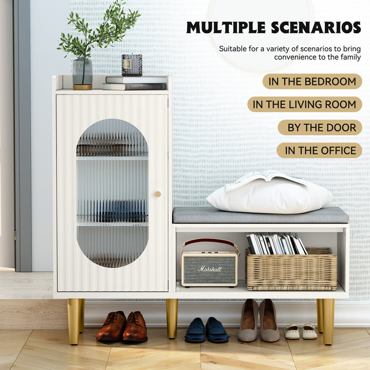 HLR® Modern Shoe Cabinet Bench – Glass Door, Shelf & Padded Seat – Multifunctional Storage for Entryway & Hallway