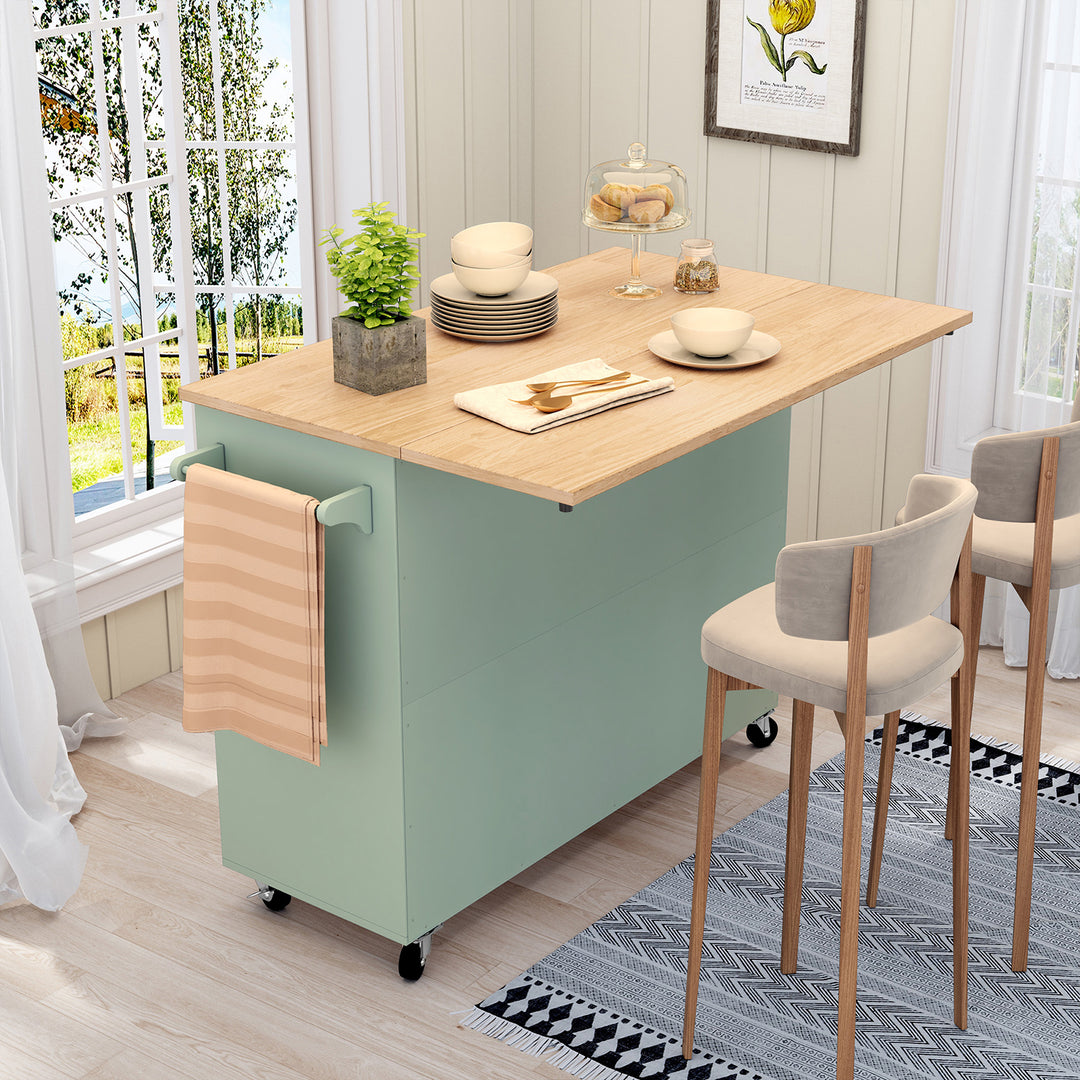 HLR® 50.4" Multifunctional Wooden Kitchen Island – 3 Doors, 2 Drawers, Spice Rack & Storage (Prep & Organization Cart)
