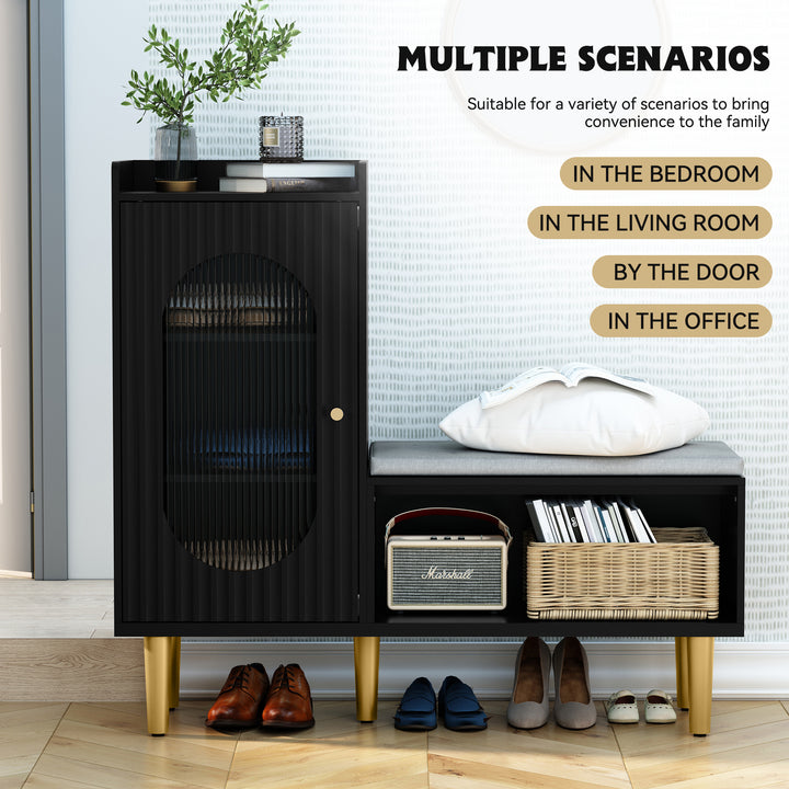 HLR® Modern Shoe Cabinet Bench – Glass Door, Shelf & Padded Seat – Multifunctional Storage for Entryway & Hallway