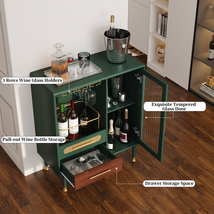 HLR® Modern Green Coffee Bar & Liquor Cabinet – Pull-Out Wine Storage, Wine Glass Rack & Drawers – Versatile Storage for Kitchen, Dining & Living Room