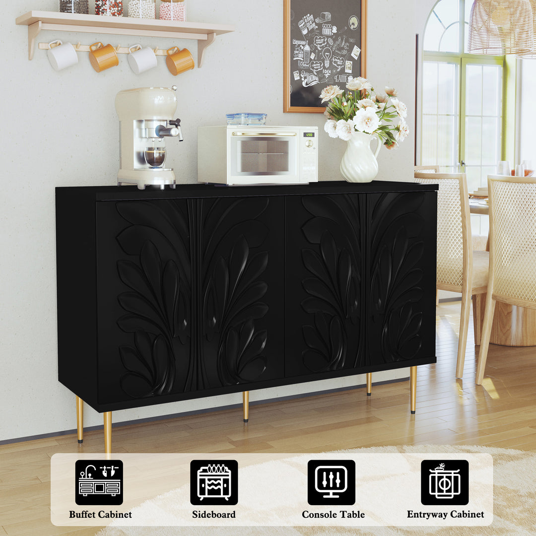 HLR® 47.24''W Modern Credenza Sideboard – 4-Door 3D Floral Design Storage Cabinet for Dining & Kitchen