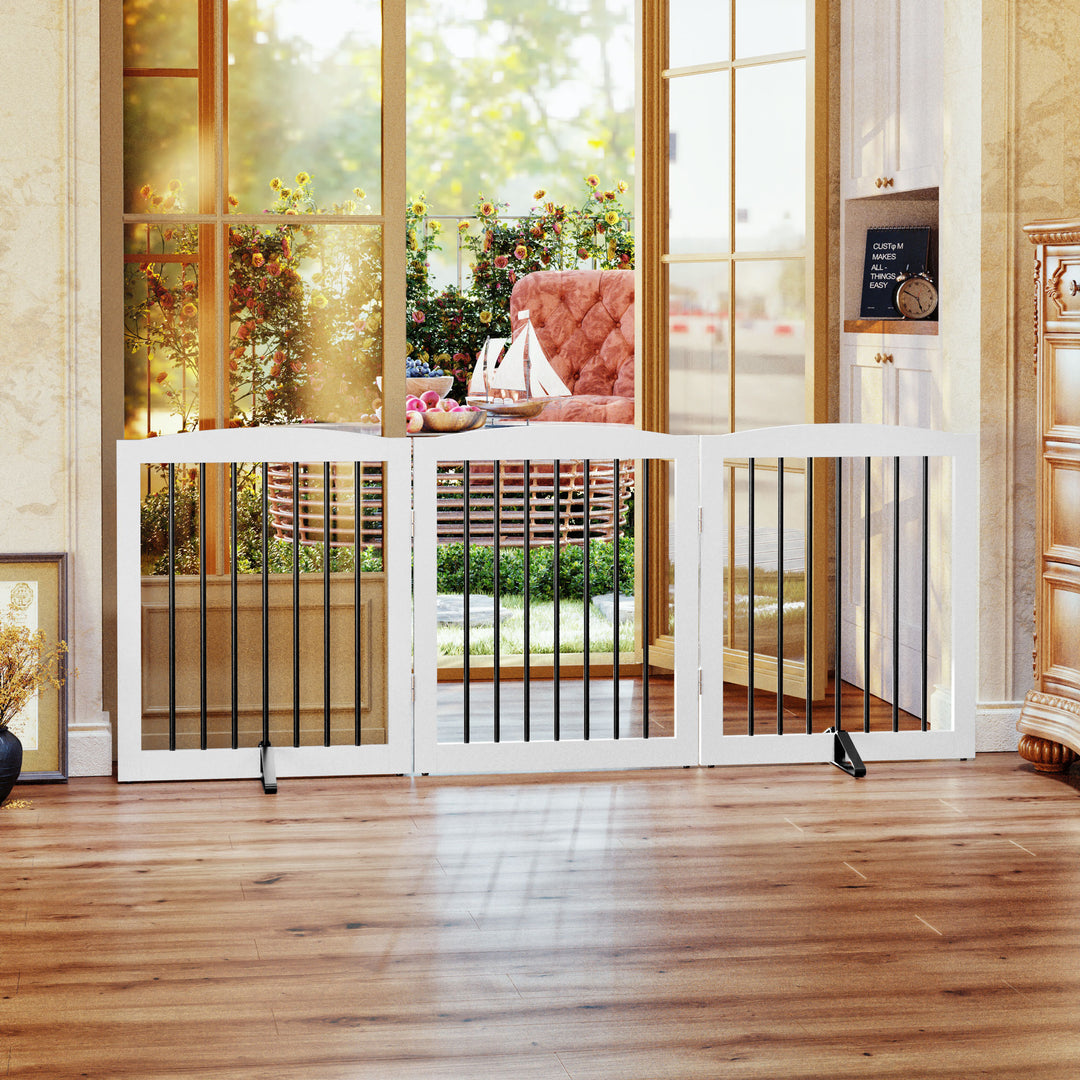 HLR® Freestanding Foldable Wooden Dog Gate Indoor Safety Fence for Stairs and Doorways Step Over with Support Feet for Puppies and Dogs
