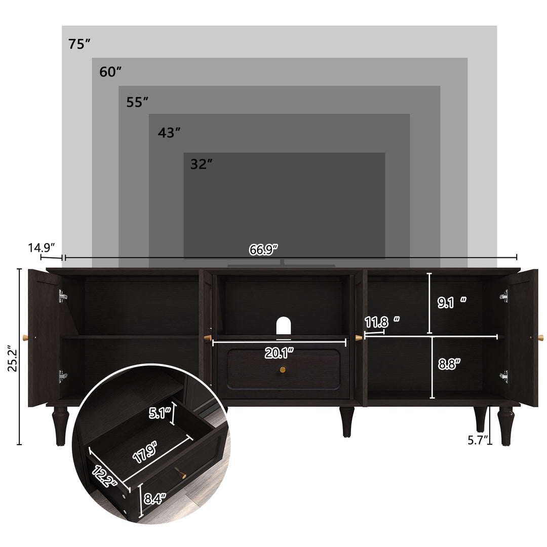 HLR® 67"Mid-Century Modern TV Stand for 75" TVs – Retro Walnut Media Console with 3 Doors, 2 Drawers & Adjustable Shelves