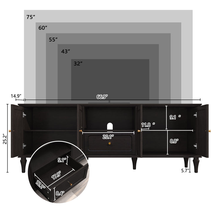 HLR® 67"Mid-Century Modern TV Stand for 75" TVs – Retro Walnut Media Console with 3 Doors, 2 Drawers & Adjustable Shelves