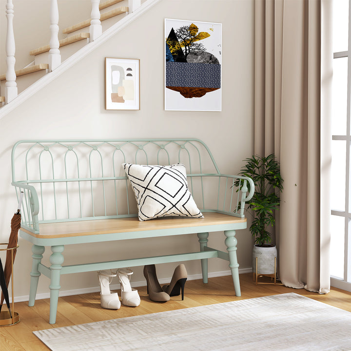HLR® Mid-Century Modern Entryway Bench – Metal Frame with Solid Wood Legs | Industrial Hallway Seating with Retro Charm