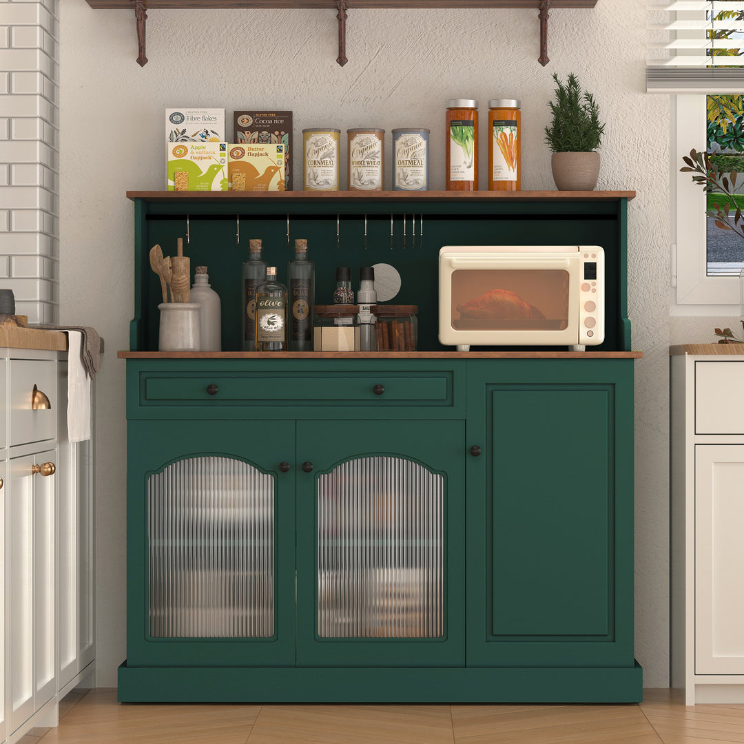 HLR® 48" Farmhouse-Style Kitchen Pantry with Glass Doors & Drawer – Wood Coffee Bar Cabinet with Microwave Hutch for Living & Dining Rooms