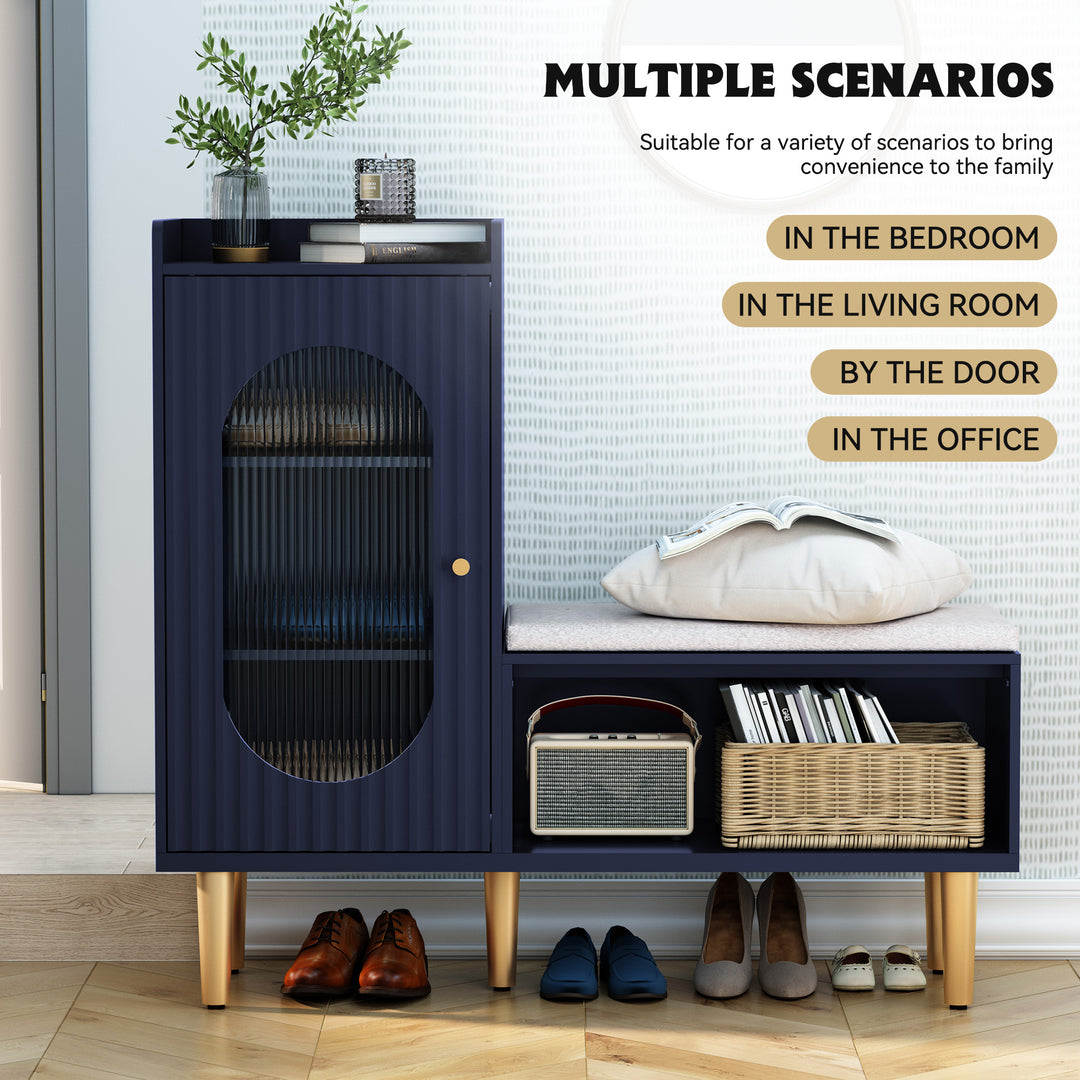 HLR® Modern Shoe Cabinet Bench – Glass Door, Shelf & Padded Seat – Multifunctional Storage for Entryway & Hallway