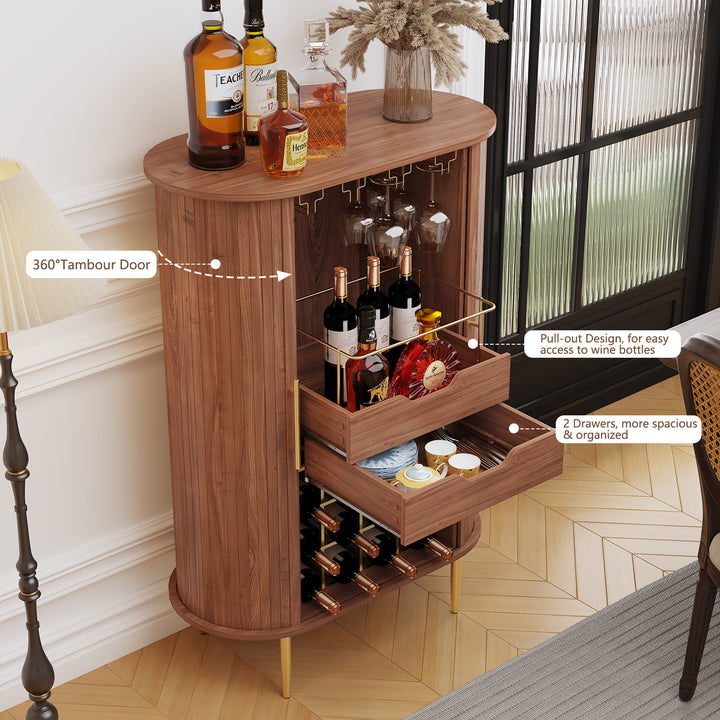 HLR® Modern Tambour Door Coffee Bar Cabinet with Wine Rack, Glass Holder & Spacious Storage for Living Room & Dining Area