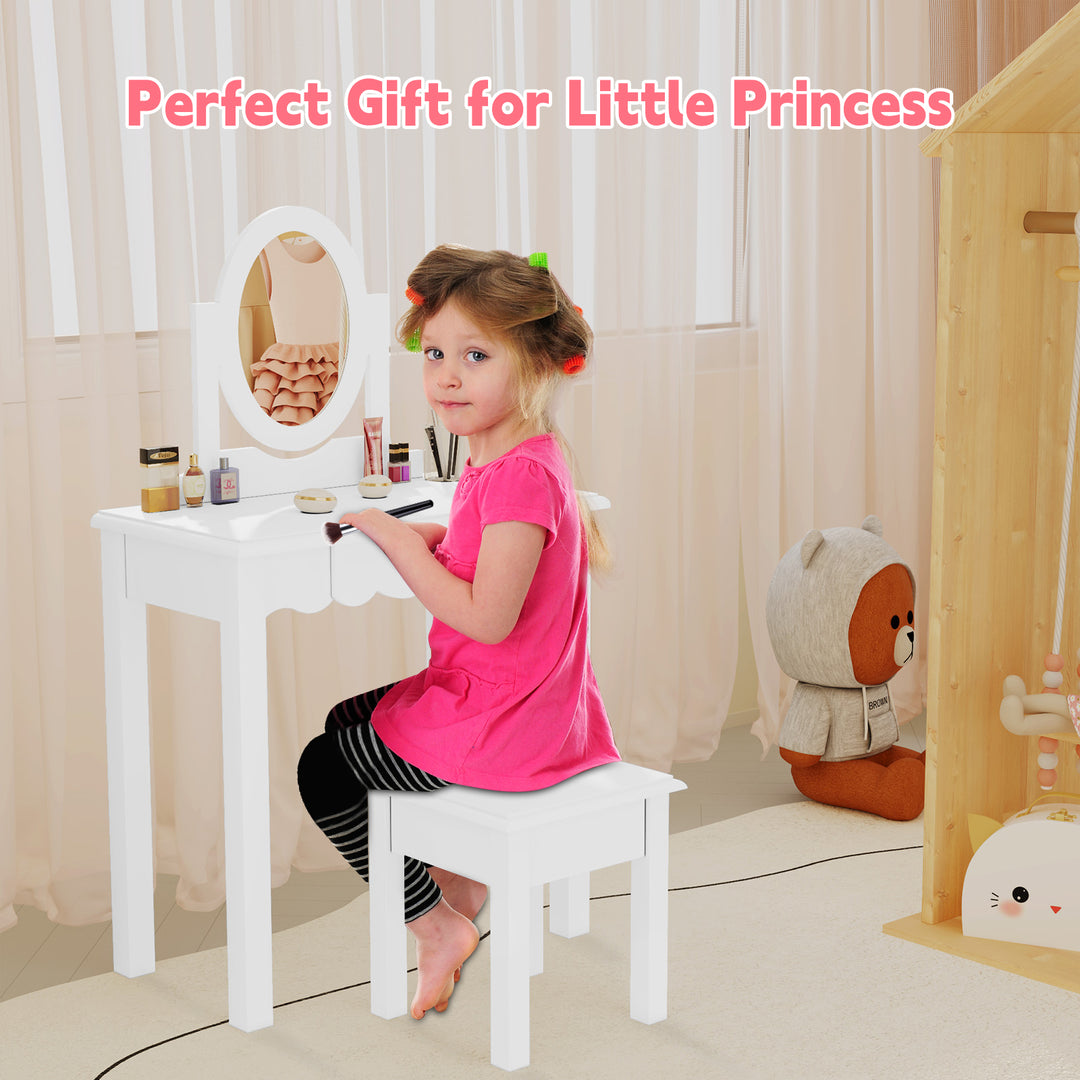 HLR® Princess 2-in-1 Wooden Kids Vanity Set with Detachable Mirror, Drawer & Stool – Pretend Play Makeup Desk for Girls Ages 3+