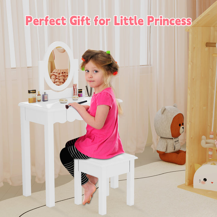 HLR® Princess 2-in-1 Wooden Kids Vanity Set with Detachable Mirror, Drawer & Stool – Pretend Play Makeup Desk for Girls Ages 3+
