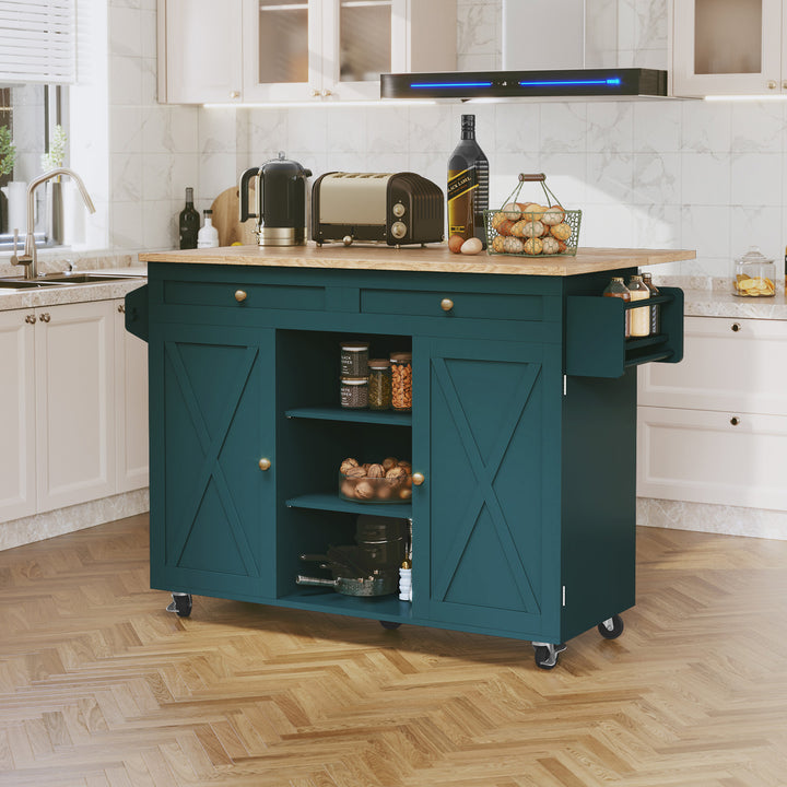 HLR® Rolling Kitchen Island with Drop-Leaf Countertop & Barn Door Design – Mobile Cart with Storage Cabinet & Tower Rack for Kitchen