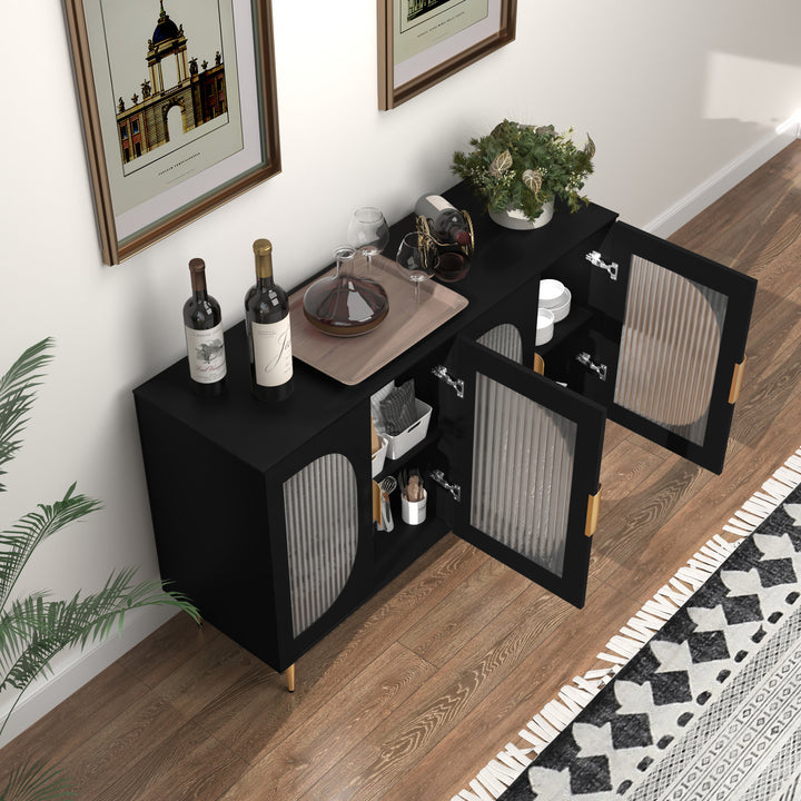 HLR® Wood Accent Sideboard Buffet with 4-Glass Door Storage – Stylish Organizer for Dining, Kitchen, Living Room & Hallway